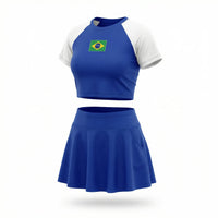 Conjunto Brasil Cropped Manga Short Saia Bandeira Suplex Feminino | VAI DAR BRASIL