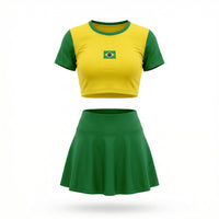Conjunto Brasil Cropped Manga Short Saia Bandeira Suplex Feminino | VAI DAR BRASIL