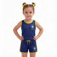 Conjunto Infantil Feminino Brasil ✦ Brasão Seleção Copa | VAI DAR BRASIL