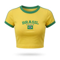 Cropped Brasil Canelado Manga Curta Bordado Baby Tee Feminino | VAI DAR BRASIL