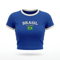 Cropped Brasil Canelado Manga Curta Bordado Baby Tee Feminino | VAI DAR BRASIL