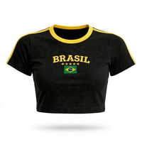 Cropped Brasil Canelado Manga Curta Bordado Baby Tee Feminino | VAI DAR BRASIL