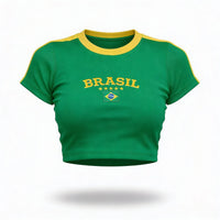 Cropped Brasil Canelado Manga Curta Bordado Baby Tee Feminino | VAI DAR BRASIL