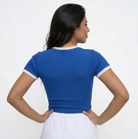 Cropped Brasil Canelado Manga Curta Bordado Baby Tee Feminino | VAI DAR BRASIL