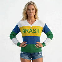 Blusa Feminina Manga Longa Brasil Tricot Gola V Elegante | VAI DAR BRASIL