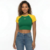Cropped Brasil Bandeira Bordada Baby Look Suplex Feminino | VAI DAR BRASIL
