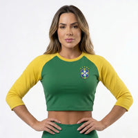 Cropped Manga Longa Brasil Ribana Canelada Feminino | VAI DAR BRASIL