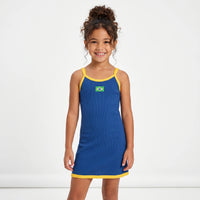 Vestido Infantil Canelado Brasil ✦ Bandeira Ribana | VAI DAR BRASIL